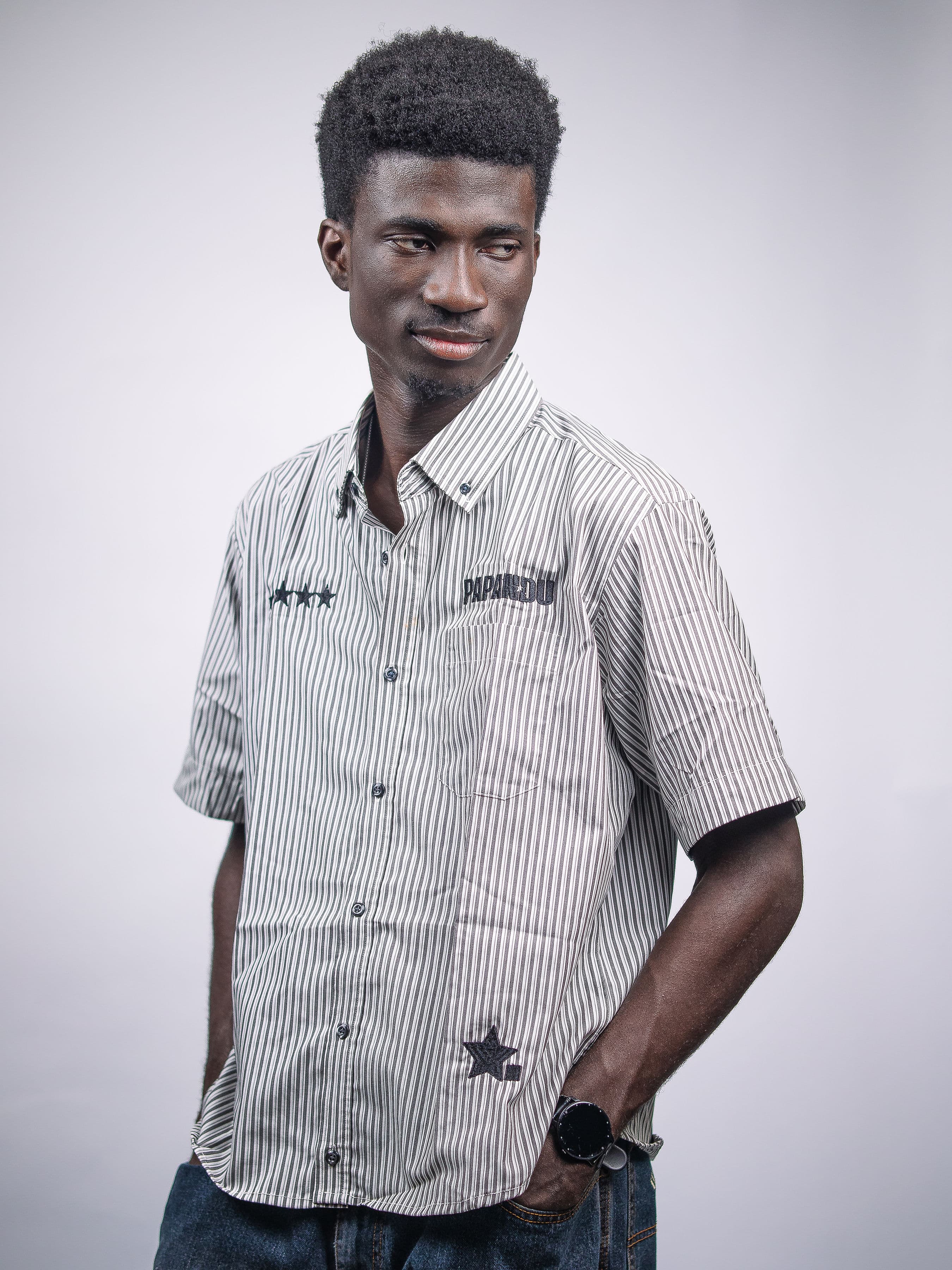 PAPANDU "For The Stars" Signature Stripe Shirt — Charcoal, editorial detail
